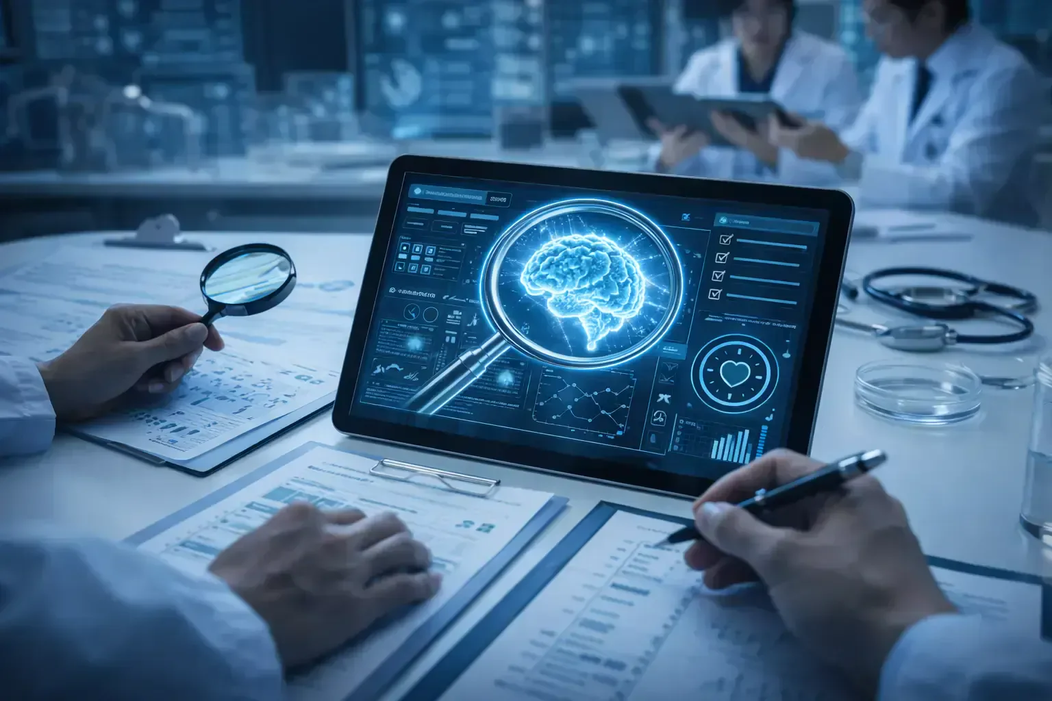 Dark modern abstract biomedical-AI background with subtle circuitry lines and organic life-science shapes; high contrast, professional nonprofit aesthetic; no text; centered safe space for headline; soft gradient edges.